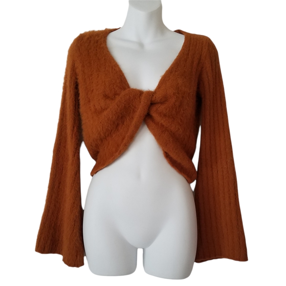 O. VIANCA Twist Front Fuzzy Bell Sleeve Sweater V-neck Cinnamon Color
